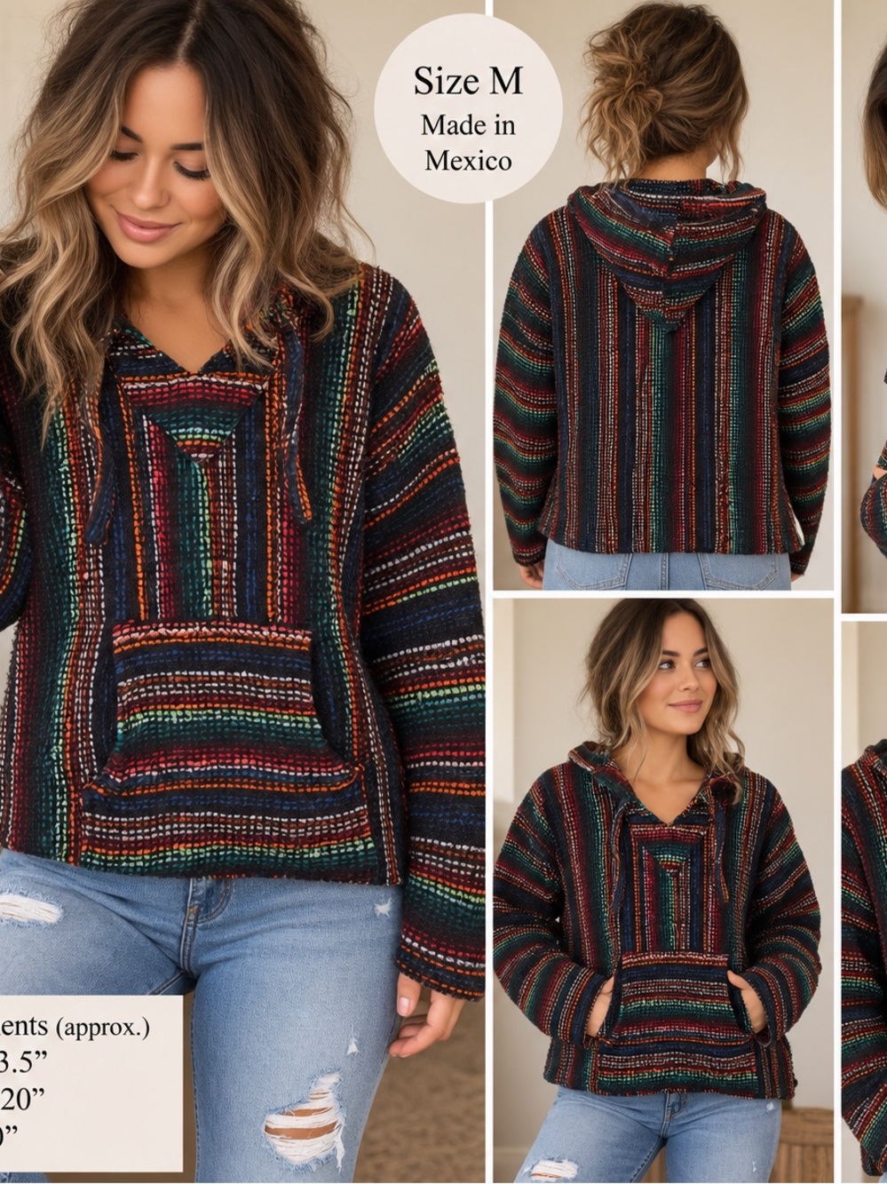 Vintage Artesanías Mexico Baja Hoodie Medium Multicolor Woven Drug Rug